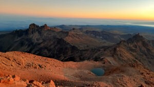 View from Point Lenana across the mountain range of Mt Kenya at sunrise.