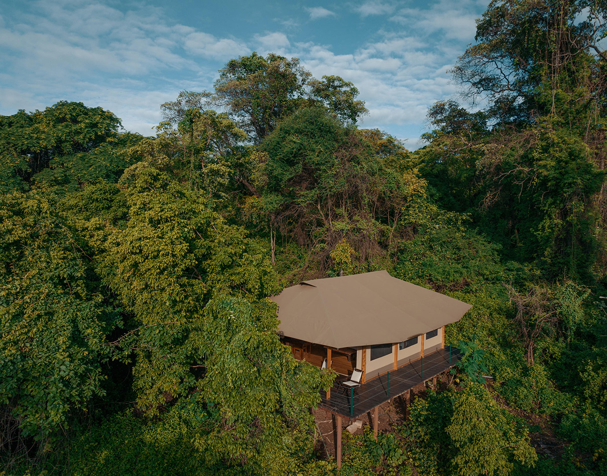 Aerial view of a tent at Rhino River Camp in Meru National Park