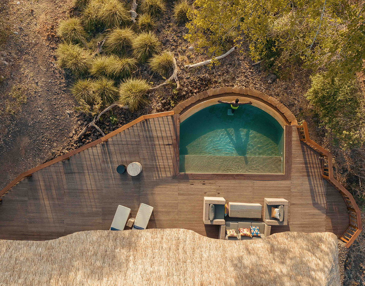 Aerial view of Finch Hattons Suite with plunge pool in Tsavo West