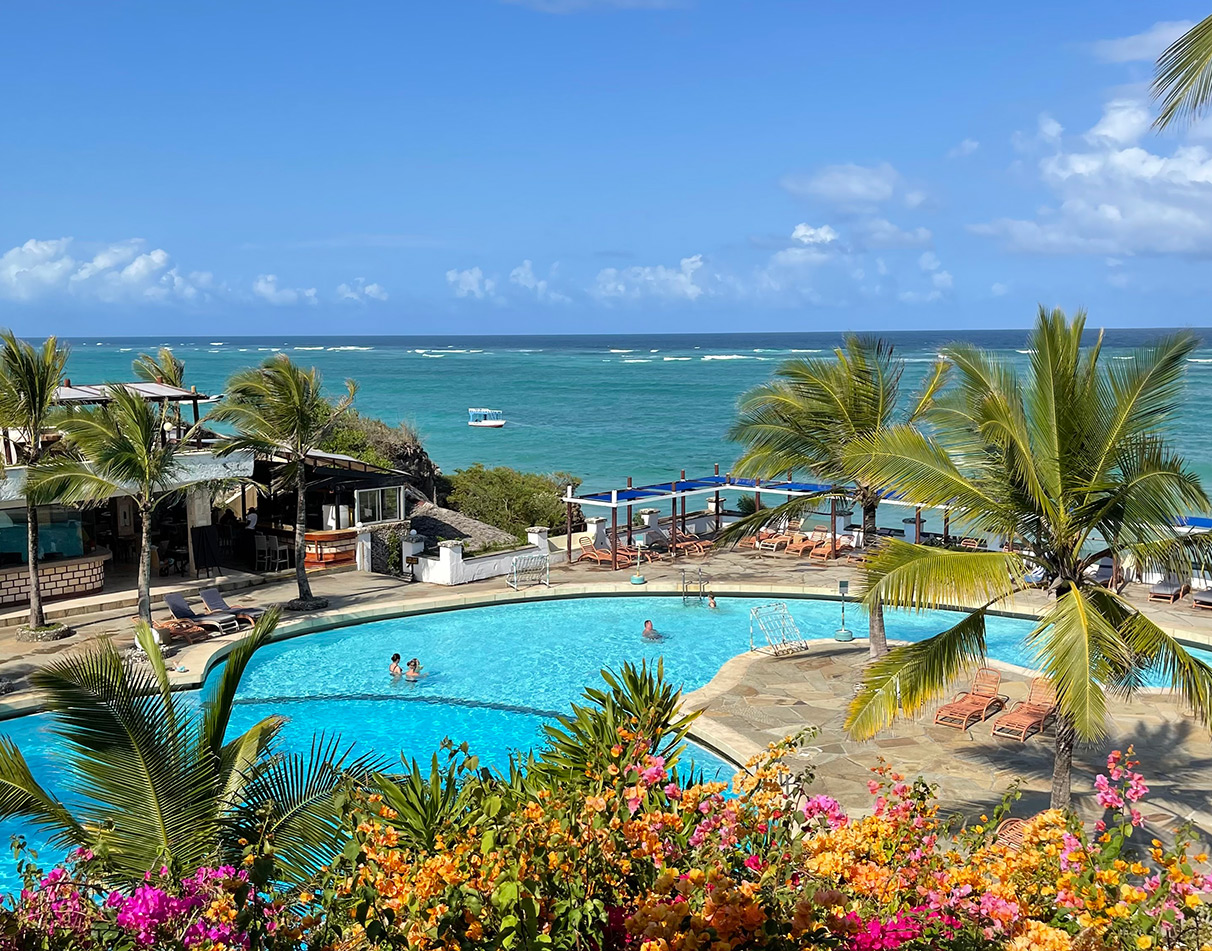 Main pool at Leopard Beach Resort with views of the Indian Ocean