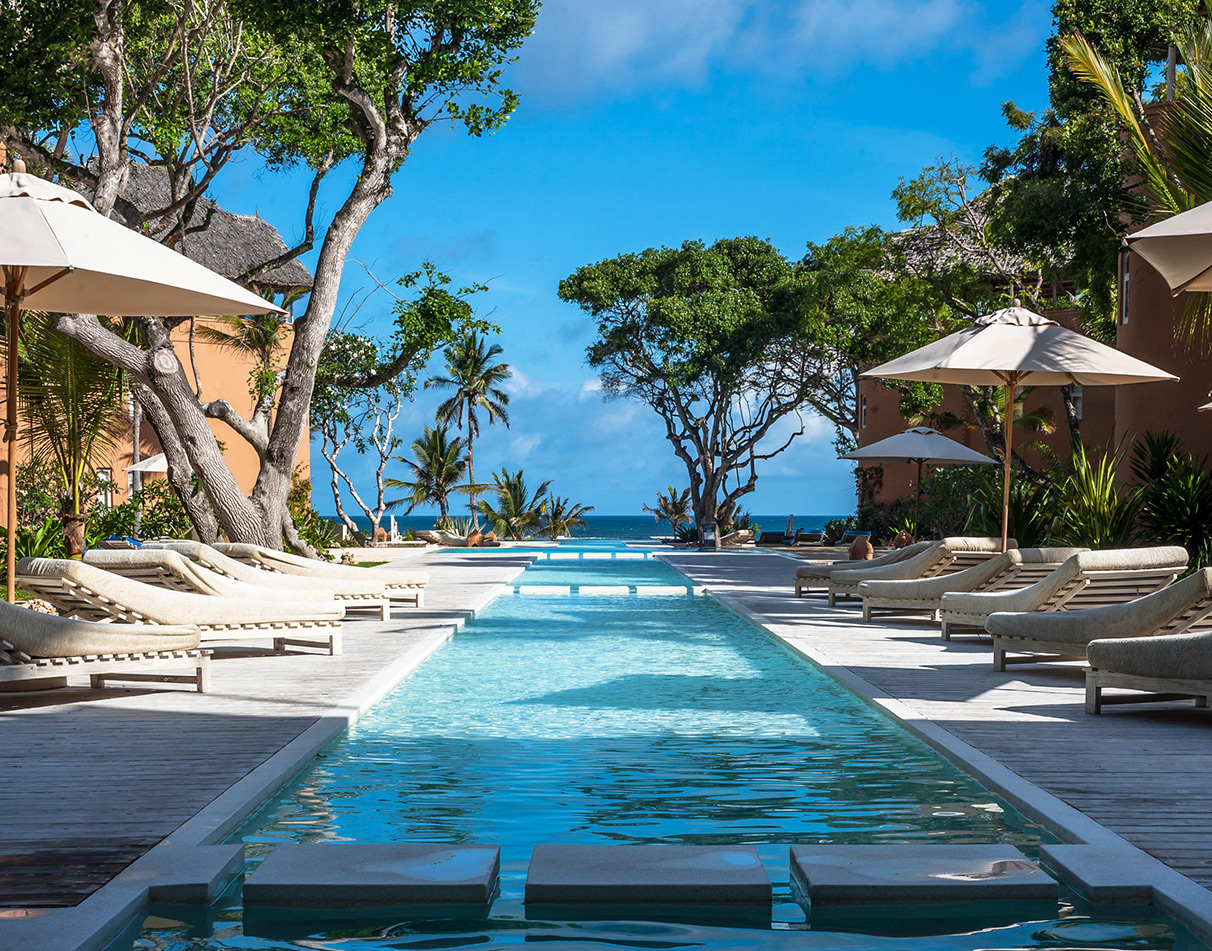 The long swimming pool at Medina Palms in Watamu