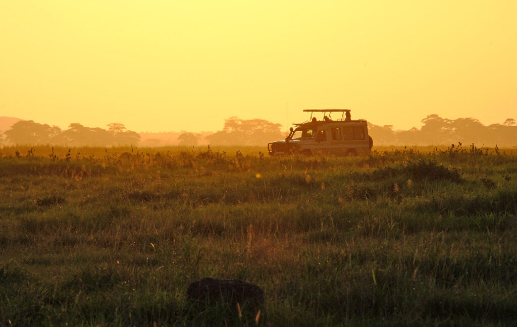 A safari vehicle on a game drive at sunset during the dry season, which is considered the best time to visit Kenya.