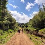 Hikers walking up a dirt road on Day 1 of the Mt Kenya Chogoria Route.