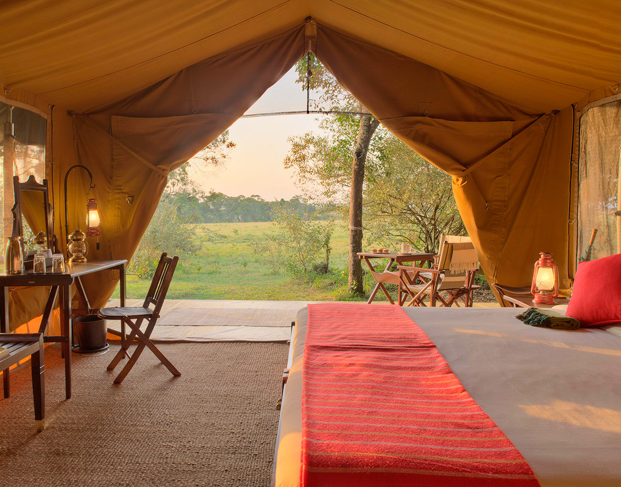 The interior of a guest tent at Elewana Elephant Pepper Camp in Kenya's Mara North Conservancy.