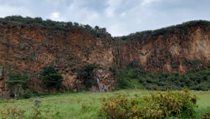 Steep cliffs serving as nesting sites for vultures in Hell's Gate National Park near Naivasha.