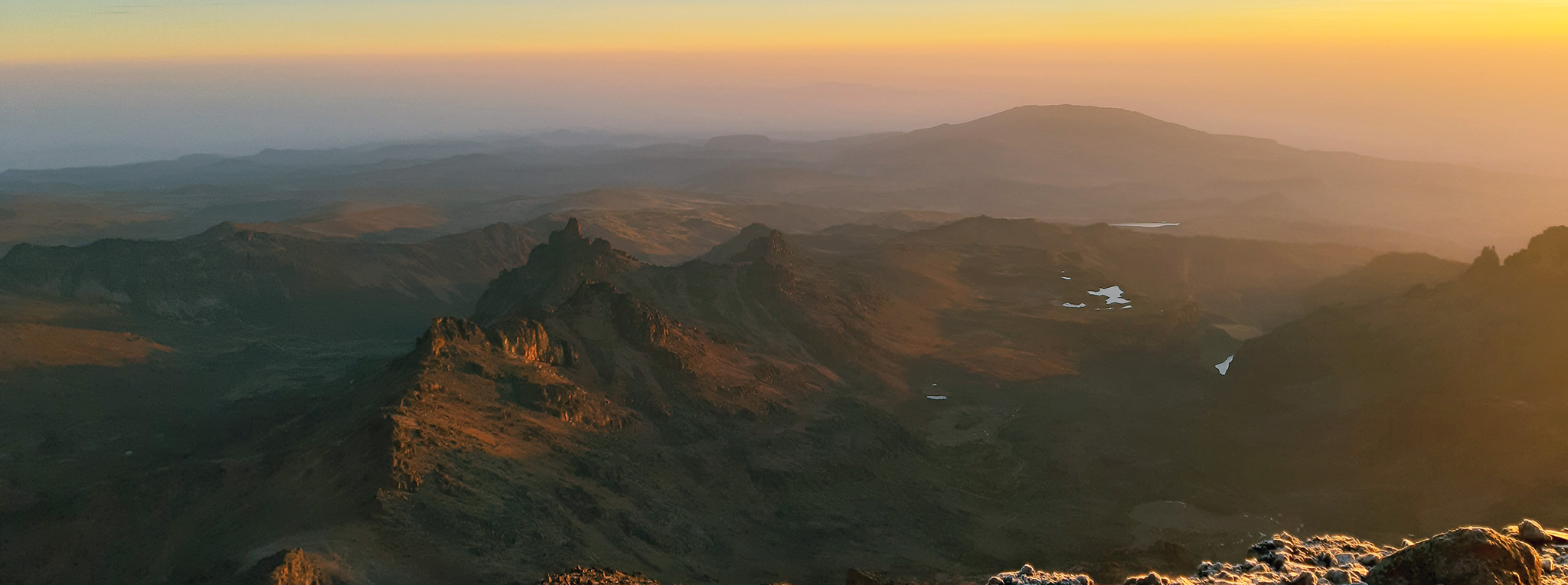 View from Point Lenana across the Mt Kenya mountain massif at sunrise. Point Lenana was reached via the Chogoria Route and Mintos Camp.