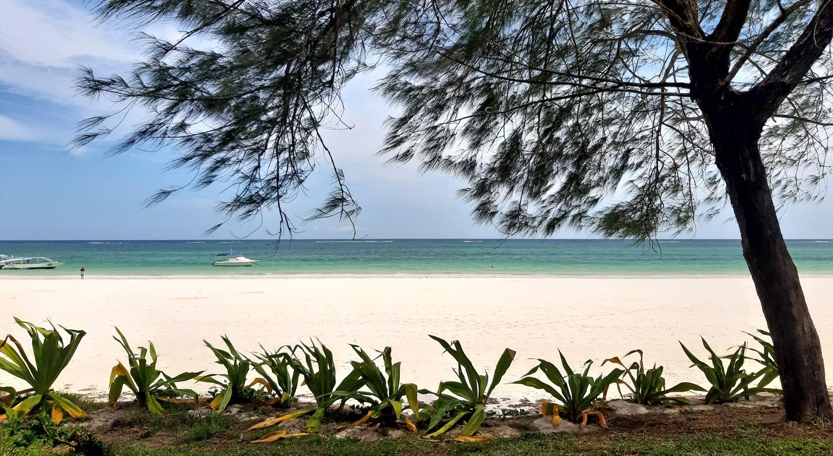 The view of a beach from a beachfront hotel in Diani Kenya.