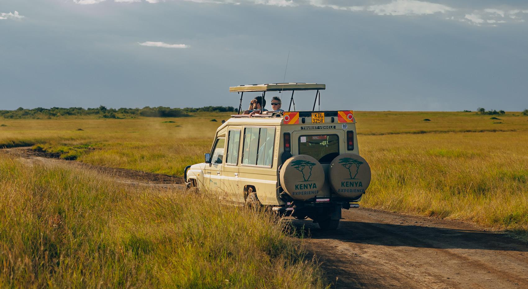 Guests looking out onto the plains of the Masai Mara from the pop roof of their game drive vehicle. Guests looking out onto the plains of the Masai Mara from the pop roof of their game drive vehicle.