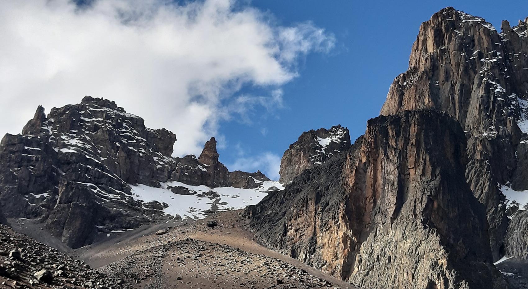 A landscape photo of Mt Kenyas snow capped peaks.