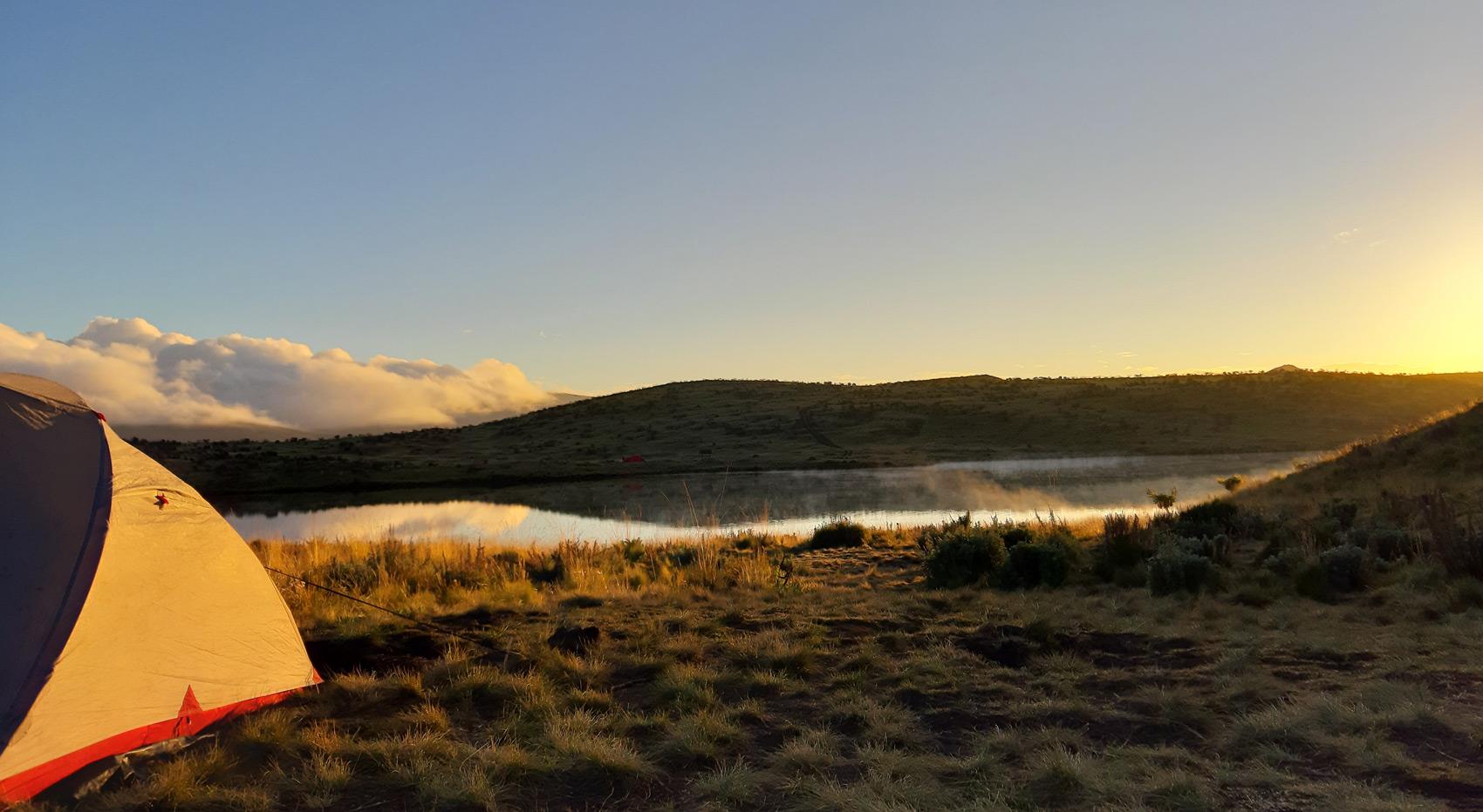 A tent set up on the lake shores of Lake Ellis on Mt Kenya.